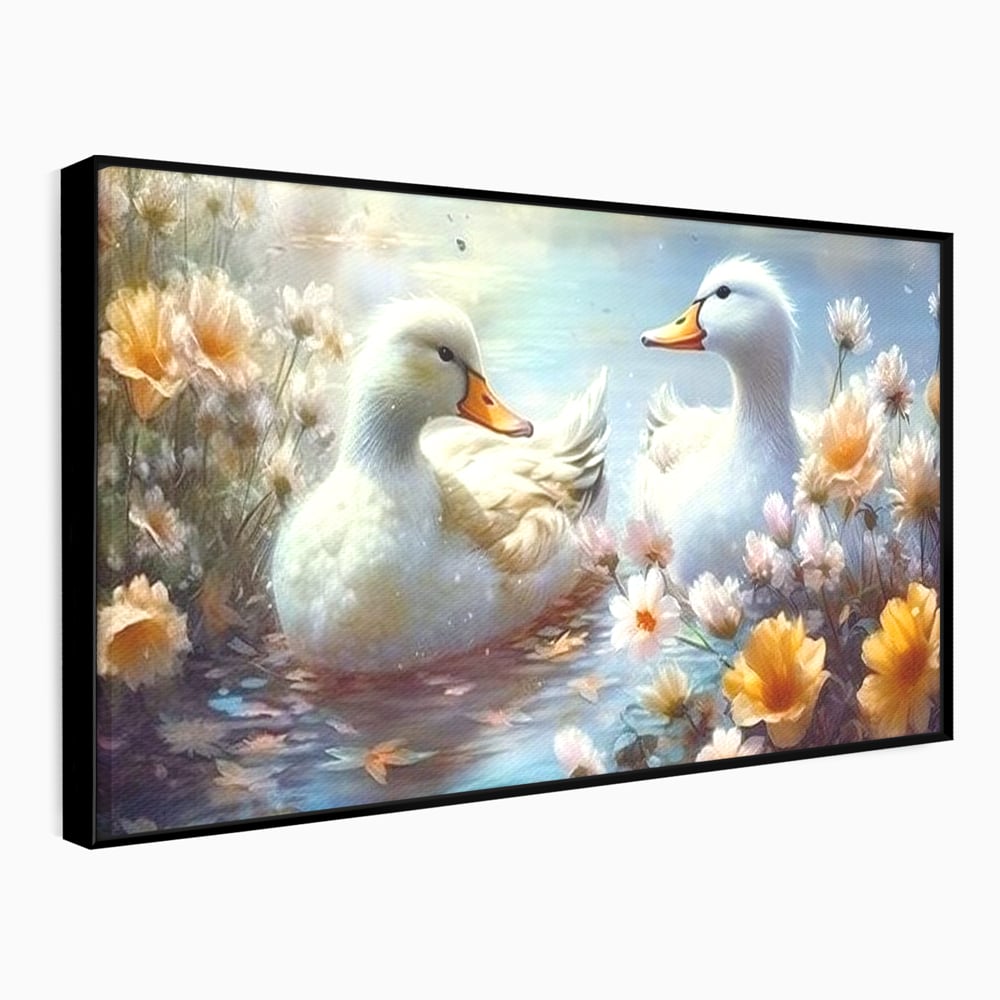 Tablou canvas cu tablou canvas cu rate pe lac, in rama de aluminiu negru